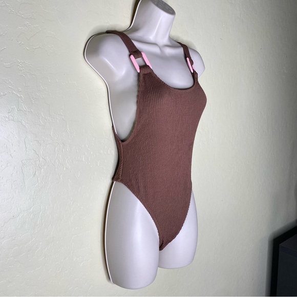 Aerie Crinkle Birthday Scoop Cheekiest One Piece Swimsuit Brown Pink Size XS - Picture 3 of 16